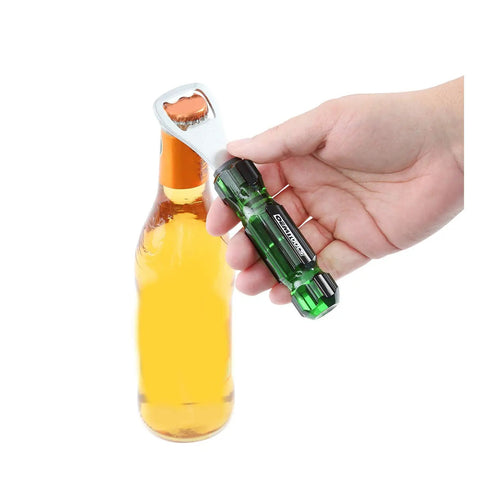 Hand holding Screwdriver Style Bottle Opener With Durable Acetate Handle next to beer bottle, tool for workspaces and toolboxes.
