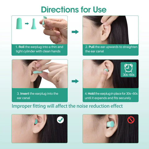 Illustration showing steps to use Soft Sleep Ear Plugs With Aluminum Case 120 Count High Noise Cancelling Earplugs