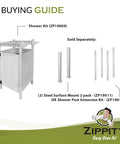 Spacious White Vinyl Outdoor Shower Enclosure With Privacy Door For Pool And Beach No Muss No Fuss Post Mount Rinse Off Station with accessories.