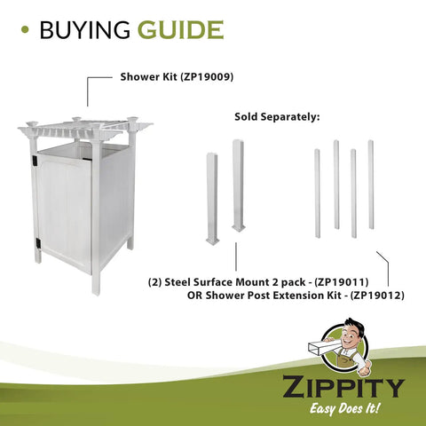 Spacious White Vinyl Outdoor Shower Enclosure With Privacy Door For Pool And Beach No Muss No Fuss Post Mount Rinse Off Station with accessories.