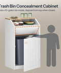 Hidden 10 Gallon Trash Cabinet With Flip Door in white, freestanding with a wood top, storing a recycling bin and kitchen items.