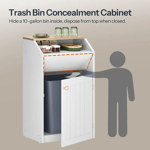 Hidden 10 Gallon Trash Cabinet With Flip Door in white, freestanding with a wood top, storing a recycling bin and kitchen items.