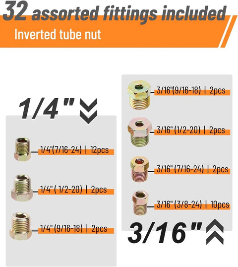 Image of 32 assorted fittings in the 25 Ft Copper Coated Brake Line Kit For Auto Repair, 1/4 and 3/16 inch sizes.