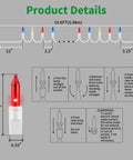 Diagram of 19.6 ft Patriotic String Lights Kit with red white blue mini lights on white wire showing assembly and bulb details