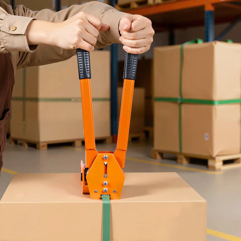 Beefy Heavy Duty Banding Strapping Kit With Manual Sealer, Extended Handle, 1000 Ft PET Band, 300 Metal Seals Five Eighth Inch Wide Strapping, Pallet Packaging Tool For Warehouse Shipping Moving And Home Use Orange on box