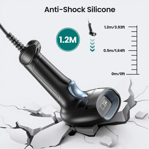 USB Wired Barcode Scanner With Stand For Computer And POS 2D 1D QR Code Reader handheld shown in anti-shock silicone material.