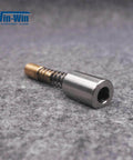 Electronic shift actuator assembly for waterjet machines; metal cylinder with brass tip and coil spring (front view).