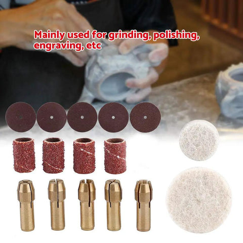 Badass 34 Piece Electric Rotary Tool Accessory Kit For Grinding Polishing with sanding discs and wool buffs.
