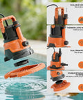 Upgraded Go-To Pool Cover Pump With Dual Outlets 1HP Submersible Sump Pump 3500GPH Beast portable orange pump near pool with features.