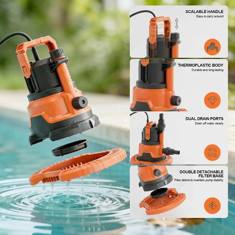 Upgraded Go-To Pool Cover Pump With Dual Outlets 1HP Submersible Sump Pump 3500GPH Beast portable orange pump near pool with features.