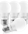 Four A15 LED Bulb 7W 600 Lumens 3000K Soft White Dimmable Enclosed Fixture Rated E26 Base Indoor Outdoor Ceiling Fan Light Bulbs 40W Equivalent UL Listed Energy Saving arranged together