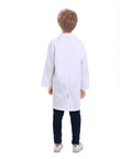 Child wearing Kids Lab Coat For Role Play Science Dress Up White Unisex Size 10 12 Button Front With Front Pockets, back view.