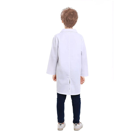 Child wearing Kids Lab Coat For Role Play Science Dress Up White Unisex Size 10 12 Button Front With Front Pockets, back view.