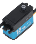 Heavy Duty Digital Servo Motor With 12kg Torque And 90 Degree Sweep featuring black housing, gears, and wired connection.