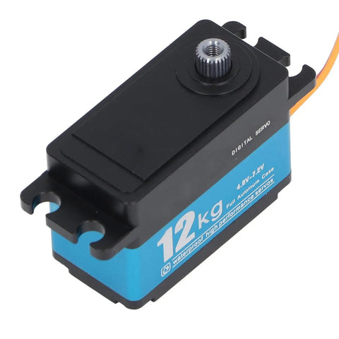 Heavy Duty Digital Servo Motor With 12kg Torque And 90 Degree Sweep featuring black housing, gears, and wired connection.