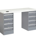 Top Shelf Double Pedestal Workbench With Expandable Drawers And ESD Safe Foundation 72 By 30 By 33 Inches gray steel build with eight drawers.