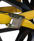 4 Pack 2 Inch By 10 Foot Wheel Tie Down Straps With Flat Hooks And Dual Ratchets For Car Hauling, yellow webbing close-up