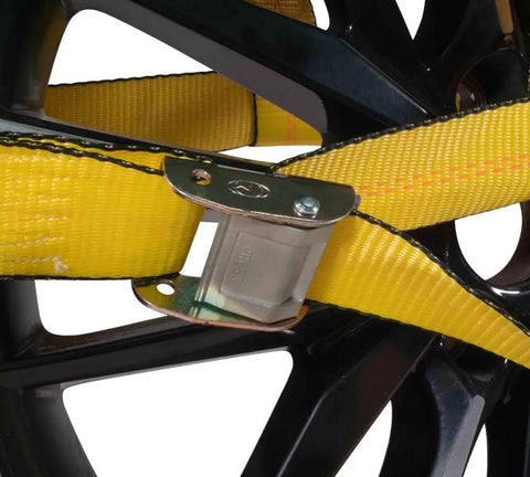 4 Pack 2 Inch By 10 Foot Wheel Tie Down Straps With Flat Hooks And Dual Ratchets For Car Hauling, yellow webbing close-up