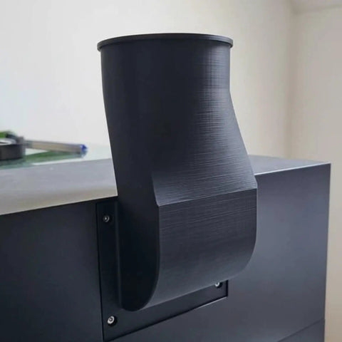 Smoke Extraction Adapter For S1 Laser Systems Pro Grade Fume Extractor shown installed on machine, tight seal visible