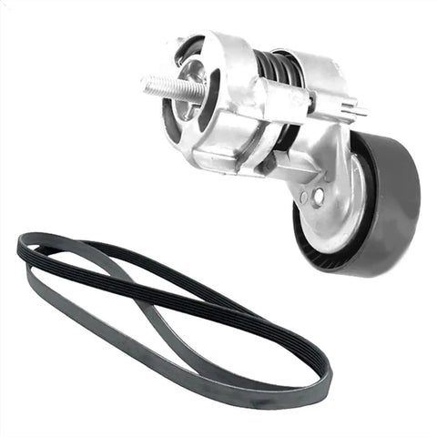 Engine Belt Tensioner Replacement For Smooth System Action silver metal tensioner with drive belt, side view