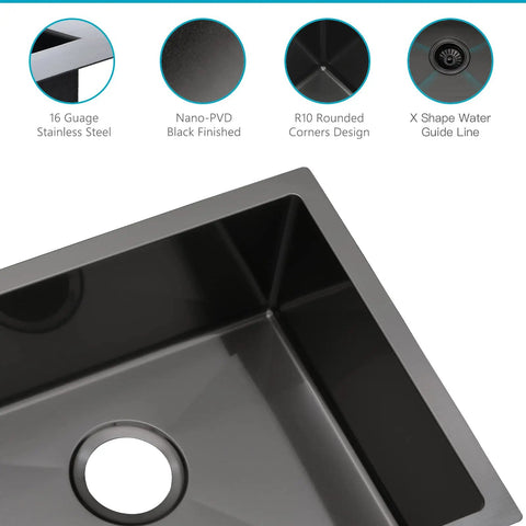 Detail of Built To Last 16 Gauge Black Stainless Steel Undermount Kitchen Bar Sink 20 By 17 By 9 Inches with R10 corners