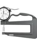 Dial Thickness Gage Pro Grade With Flat Anvil And Deep Throat For 0 To 10 mm Range, 0.01 mm Graduation, Accuracy About 15 Micrometers, Light Measuring Force Under 1.4N, Ideal For Precise Metal And Film Thickness Checks, gray metal dial gauge with flat anvil