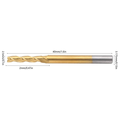 Side view of gold-colored tungsten carbide end mill, 40mm total length, 3-flute CNC milling cutter.