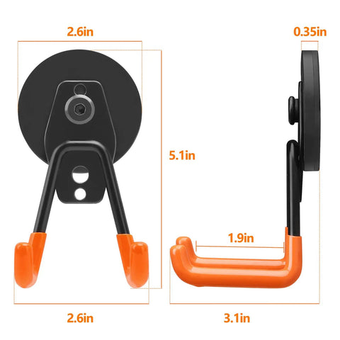 Heavy Duty Magnetic Hook Set Three Pack with Double Hanging Design for Garage Tools and Hoses, side and front view dimensions