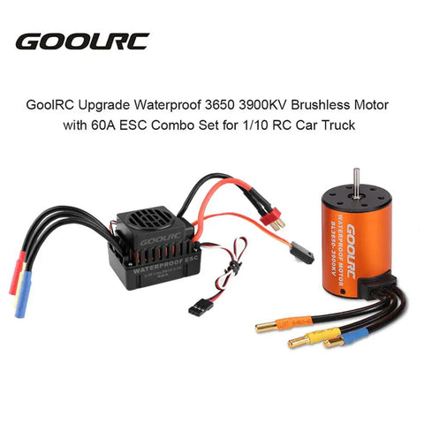 Waterproof 3650 3900KV Brushless Motor With 60A ESC Combo Set for RC Cars, showing motor and ESC with wires and connectors.