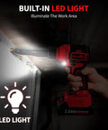 Fullyea Cordless Electric Rivet Gun With Brushless Motor, Two Batteries And Fast Charger illuminated by built-in LED light.