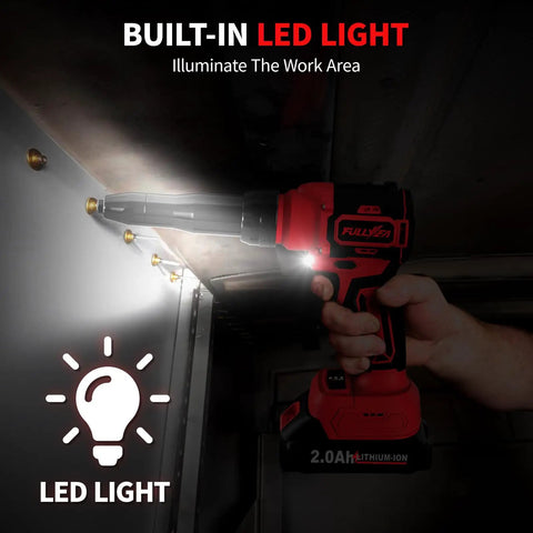 Fullyea Cordless Electric Rivet Gun With Brushless Motor, Two Batteries And Fast Charger illuminated by built-in LED light.