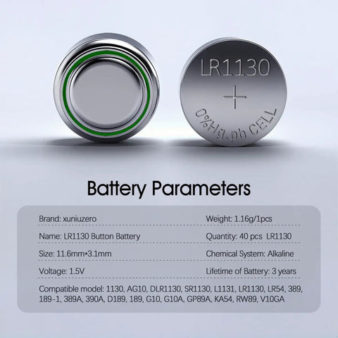 Top Shelf 40 Pack Ag10 Plus Lr1130 Button Cell Batteries 1.5 Volt Alkaline Power showing two LR1130 batteries with detailed specs.