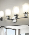 4 Light Chrome Vanity Fixture With Double Layer Anti Glare Glass Shades for Modern Bathroom Wall Sconce over mirror