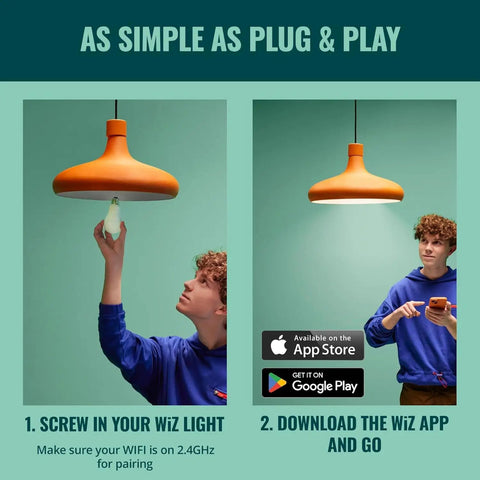 Lit Color A19 LED Bulbs 3 Pack With Sunset To Sunrise Automation, Motion Sensing, Voice Or App Control, Full Color 800 Lumen 60W Equivalent, Indoor Smart Home Ready, Matter Compatible: man installs bulb in hanging lamp
