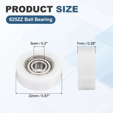 10 Pcs 625ZZ Nylon Roller Bearings 5x22x7mm White Ball Bearing Guide with detailed size measurements