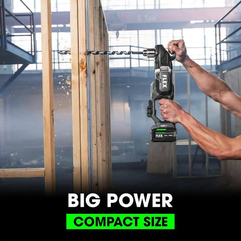 Pro Grade 24V Brushless Cordless Right Angle Drill Thumping Out 1680 In Lbs Torque Compact Electrician Conduit Running Workhorse With Turbo Boost Mode For Daily Grind drilling into wooden framework.