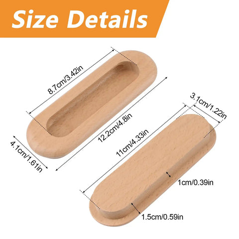 8 Pack Oval Wood Recessed Concealed Sliding Door Handles For Cabinets And Closets, Embedded Beech Wood Pulls, size details