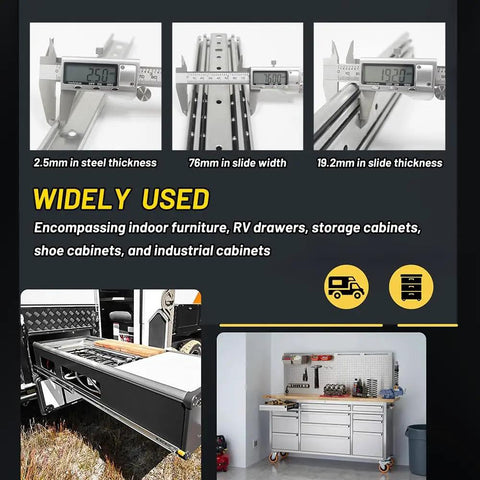 Image showing 2.5mm steel thickness, 76mm slide width, and use of Pair 500 Lb Heavy Duty Drawer Slides With Lock in RV and cabinets.