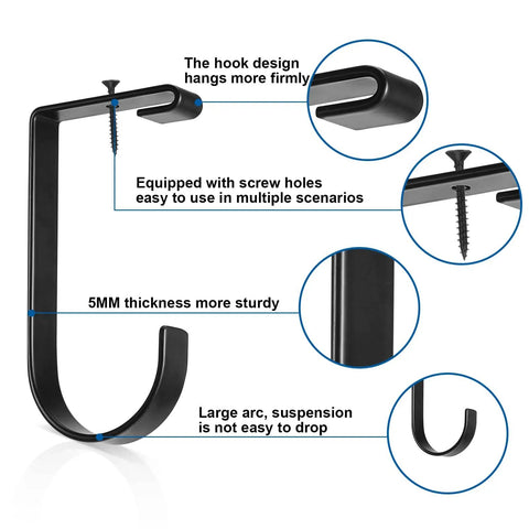 Close-up of heavy-duty black garage storage hook with screw holes, showcasing its strong design and versatility for ceiling use.