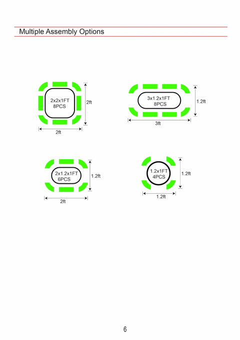 Diagram showing multiple assembly options for the Two Pack 2 By 1 Foot Galvanized Raised Garden Bed Kit, with sizes in feet and pieces required.