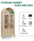 Arched Storage Cabinet With 2 Doors And 5 Tier Shelves 71 Inch Tall Wooden Pantry Organizer For Kitchen Dining Room Living Room And Bathroom Natural Wood Color With Clear Door Panels For Easy Visibility Space Saving And Modern Look showing size and uses.