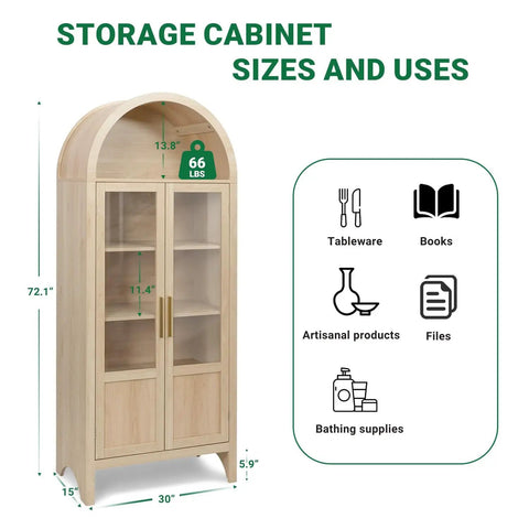 Arched Storage Cabinet With 2 Doors And 5 Tier Shelves 71 Inch Tall Wooden Pantry Organizer For Kitchen Dining Room Living Room And Bathroom Natural Wood Color With Clear Door Panels For Easy Visibility Space Saving And Modern Look showing size and uses.