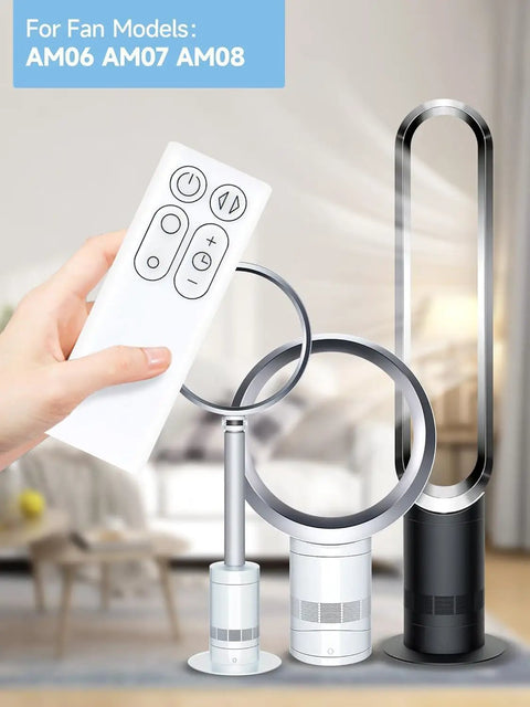 Replacement Remote for Dyson Fan AM06 AM07 AM08 Silver Finish held above compatible fans in living room setting