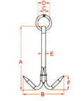 Diagram of Stainless Steel 316 Hook Anchor Grappling Hook Marine Grade For Boats And Docks with size specifications.