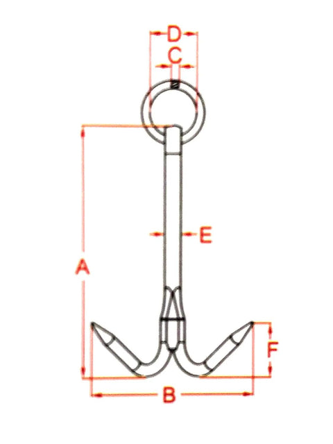 Diagram of Stainless Steel 316 Hook Anchor Grappling Hook Marine Grade For Boats And Docks with size specifications.