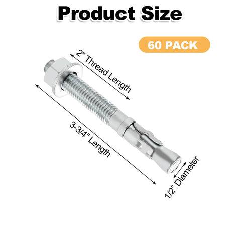 60 Piece One Half Inch By Three And Three Quarters Inch Wedge Anchors For Concrete Heavy Duty Expansion Anchors With Nuts And Washers