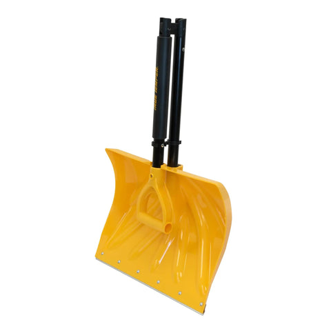 18 Inch Collapsible Poly Snow Shovel With Metal Wearstrip, grab-and-go folding design, yellow blade, adjustable handle shown folded