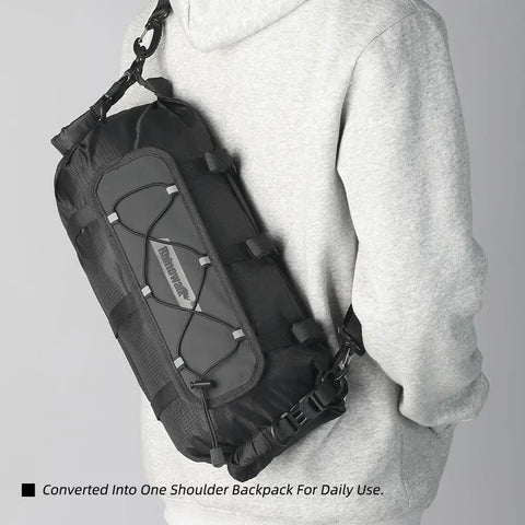 12L Waterproof Bike Handlebar Bag Front With Roll Top Closure worn as shoulder strap backpack on person