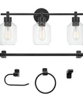 All In One 5 Piece Bathroom Set With 3 Light Vanity Fixture Matte Black Finish Clear Glass Shades Towel Bar Towel Ring Robe Hook And Toilet Paper Holder For A Slick Modern Industrial Look, displayed front view with all components visible