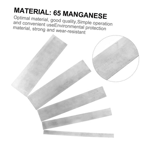 Heavy Duty Five Piece Woodworking Scraper Set Job Site Ready Smooth Cabinet Polisher For Wood Surface Prep Easy Glide Blades stacked at different angles made of manganese.